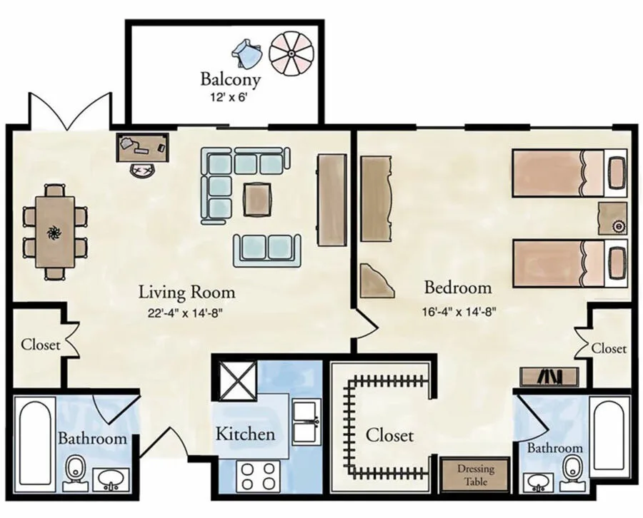 Classic 1 Bedroom Senior Apartment Floor Plan