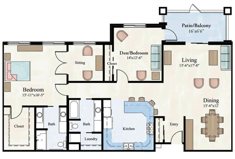 Royale I 2 Bedroom Senior Living Apartment Floor Plan