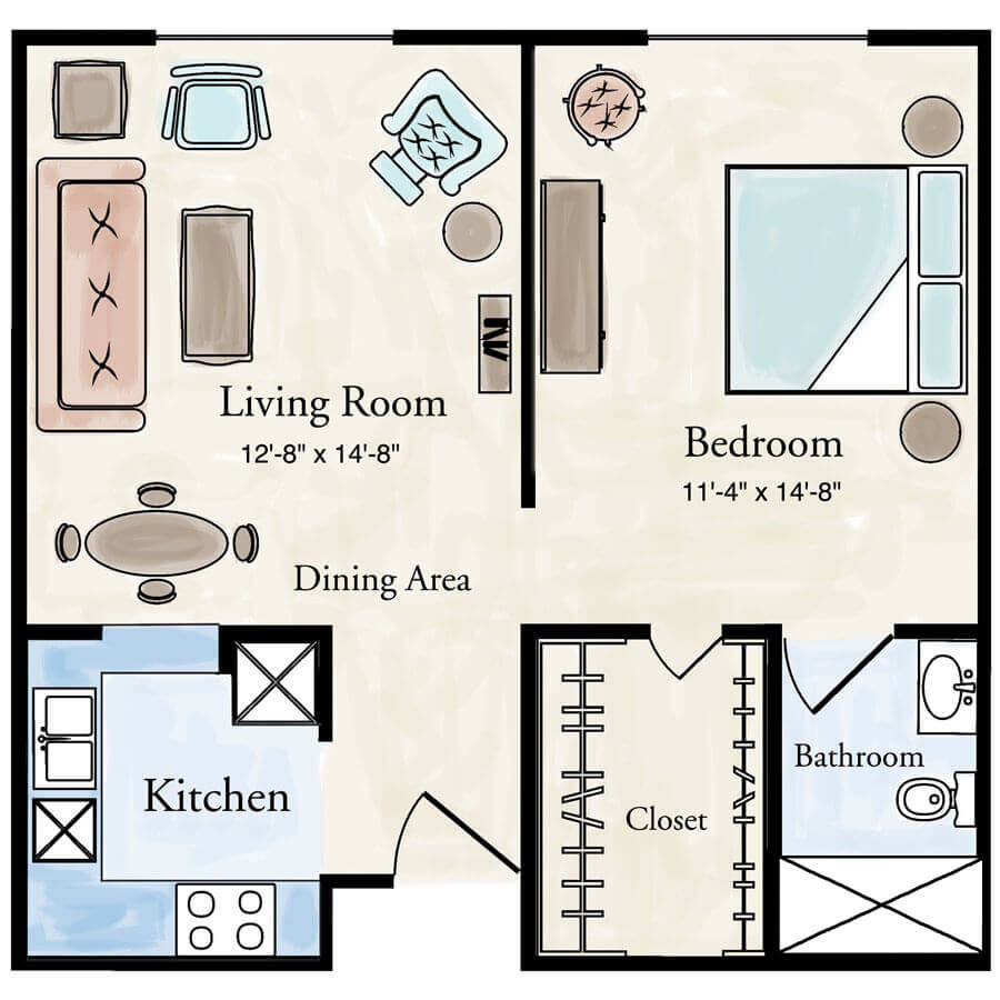 Traditional 1 bedroom Apartment Floor Plan