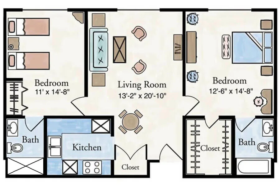 Traditional 2 Bedroom Senior Apartment Floor Plan