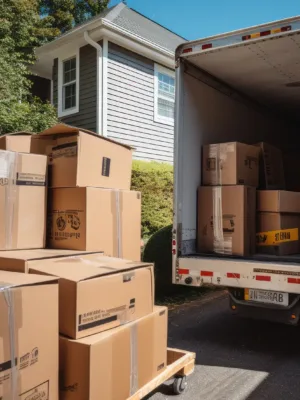 Moving boxes outside a moving truck
